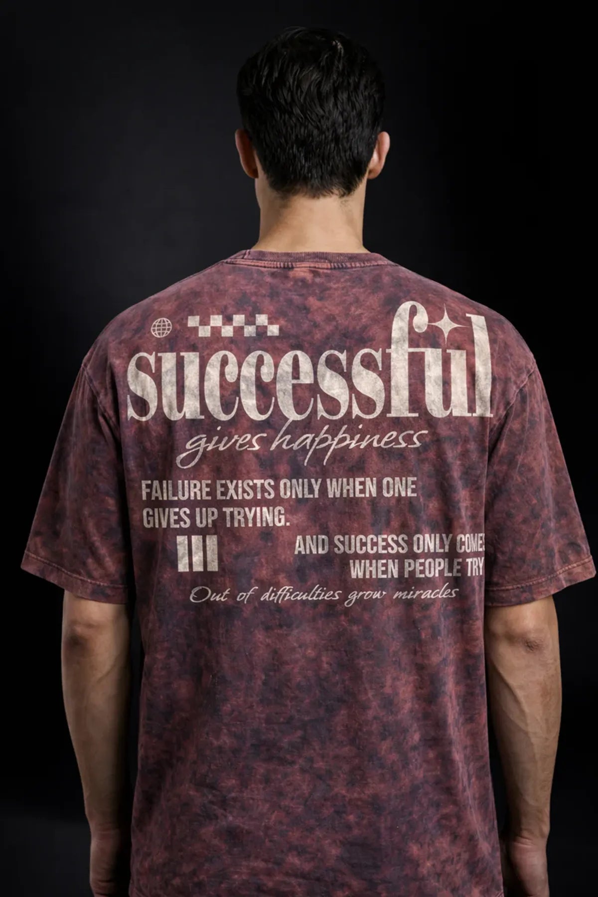 Purple Successful Gives Happiness Acid Wash 240 Gsm Terry Cotton Oversized Graphic T Shirt For Unisex