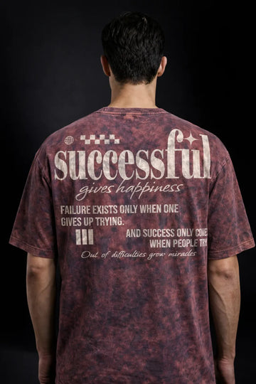 Purple Successful Gives Happiness Acid Wash 240 Gsm Terry Cotton Oversized Graphic T Shirt For Unisex