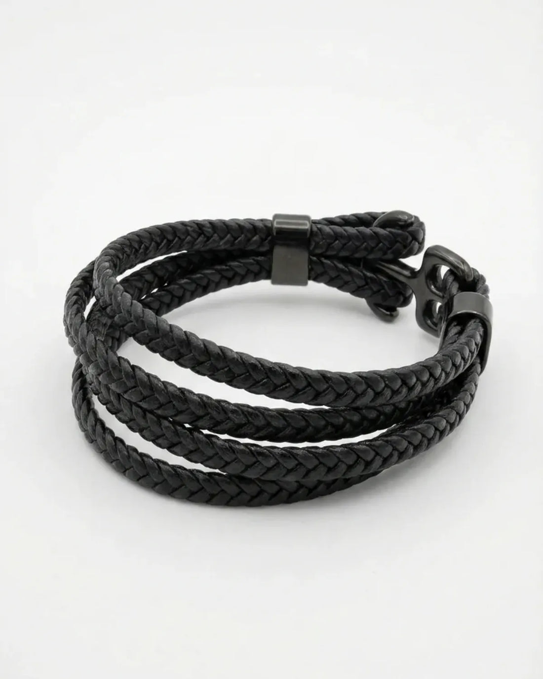 Black Braided Leather Bracelet with Hook Clasp For Men