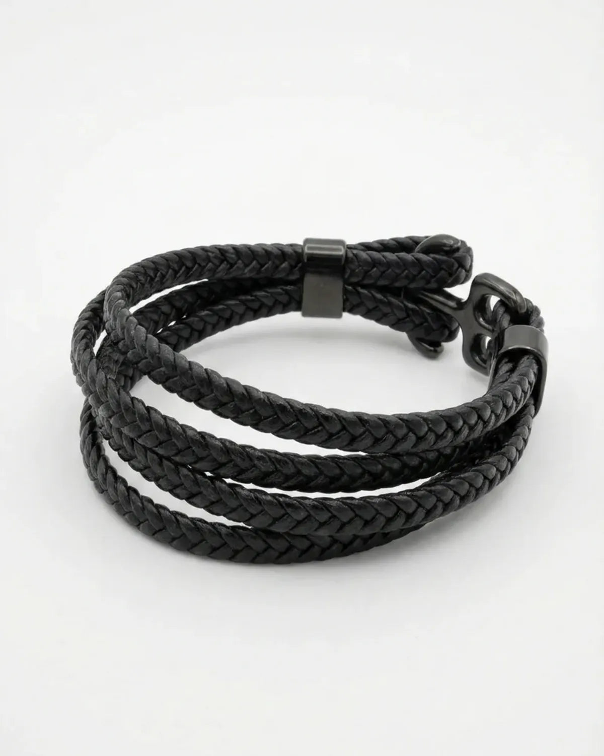Black Braided Leather Bracelet with Hook Clasp For Men