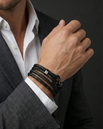 Black Braided Leather Bracelet with Hook Clasp For Men