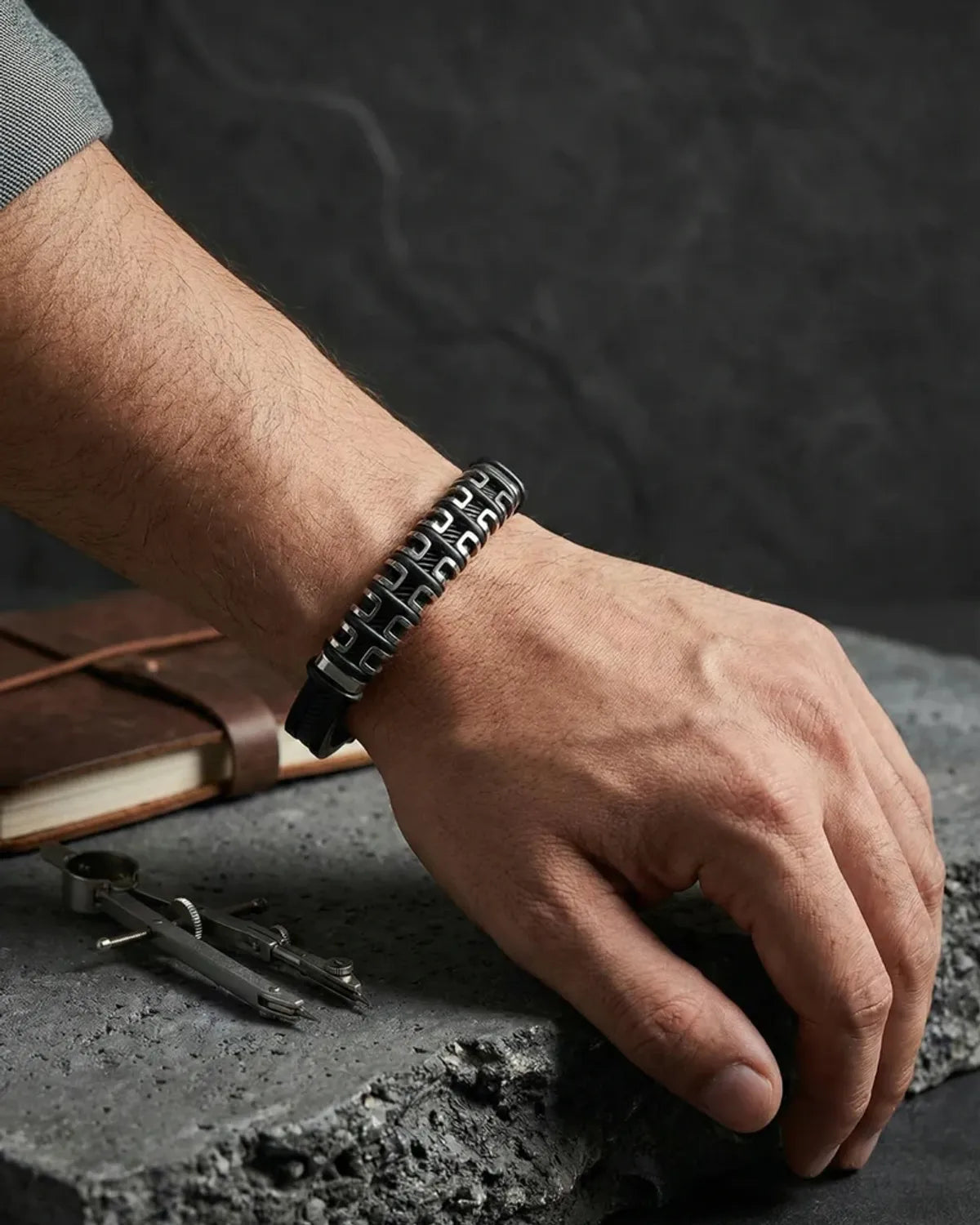 Black Stainless Steel Bracelet with Silver Detailing For Men