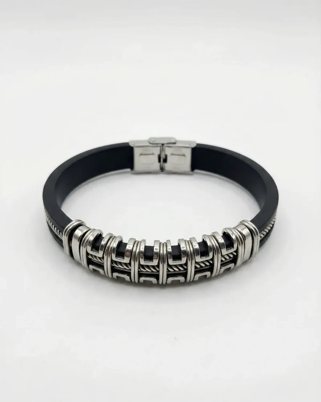 Black Stainless Steel Bracelet with Silver Detailing For Men