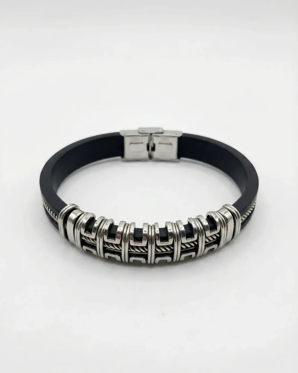 Black Stainless Steel Bracelet with Silver Detailing For Men