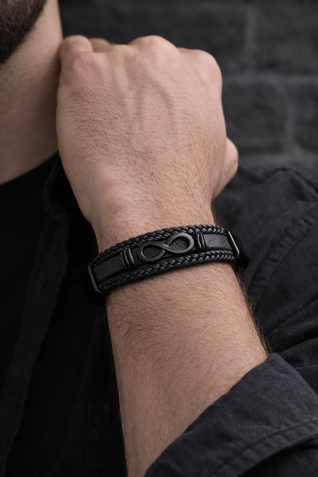 Black Infinity Leather Bracelet for Men