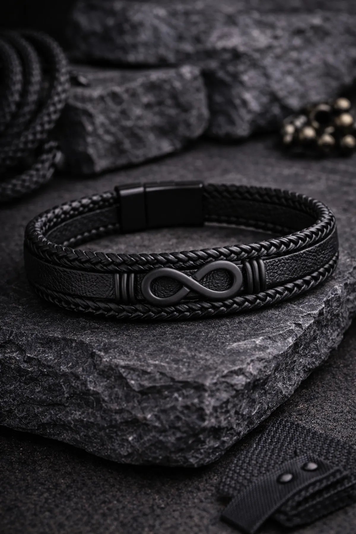 Black Infinity Leather Bracelet for Men