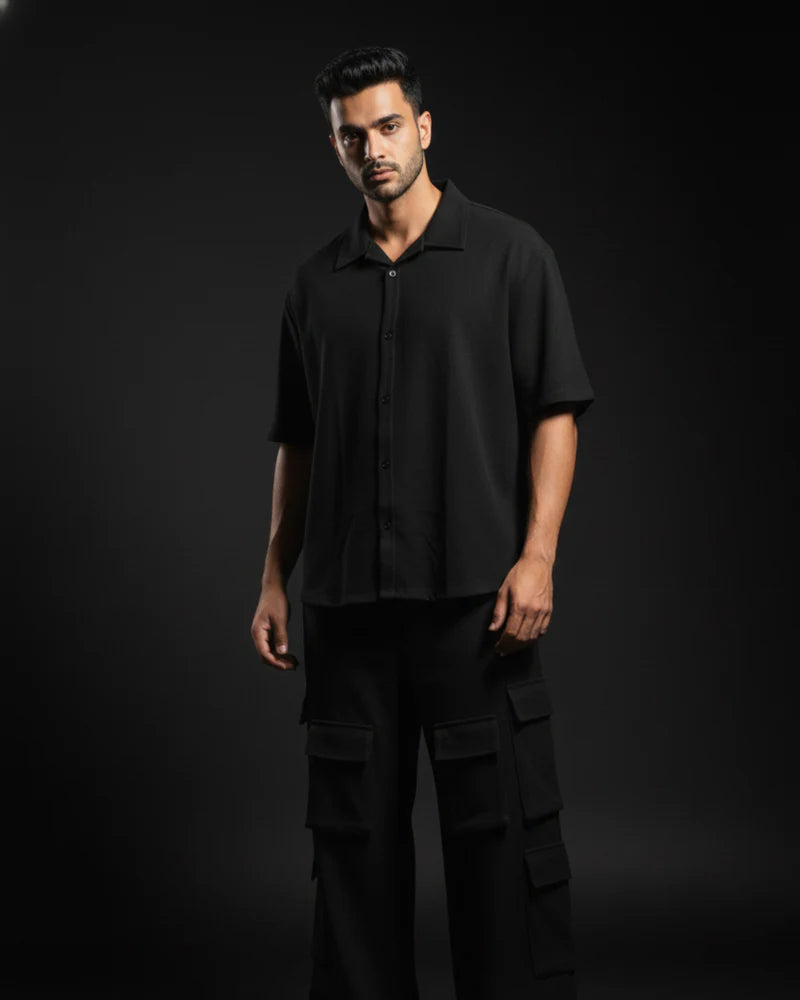 Black Premium 220 Gsm Crape 12 Pocket Co ord Set For Men