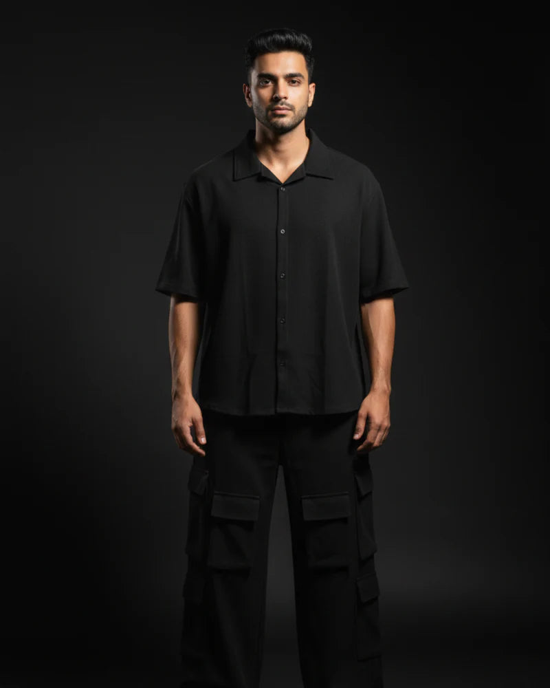 Black Premium 220 Gsm Crape 12 Pocket Co ord Set For Men