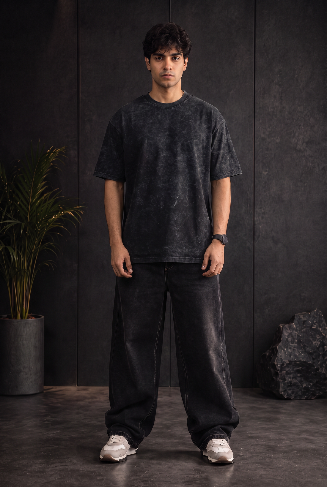 Black Acid Wash 240 Gsm Terry Cotton Oversized T Shirt | Vintage Streetwear Essential For Unisex