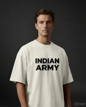 Off White Indian Army 240 Gsm Terry Cotton Oversized T Shirt For Unisex