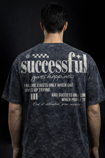 Black Successful Gives Happiness Acid Wash 240 Gsm Terry Cotton Oversized Graphic T Shirt For Unisex
